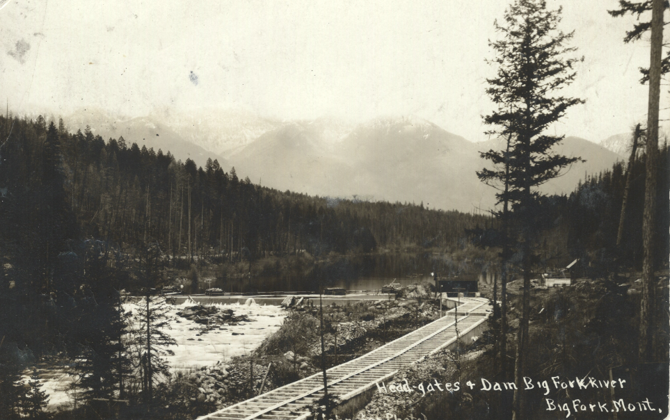 The head gates and intake for the Bigfork hydropower facility circa 1910. Credit - Kellogg Collection