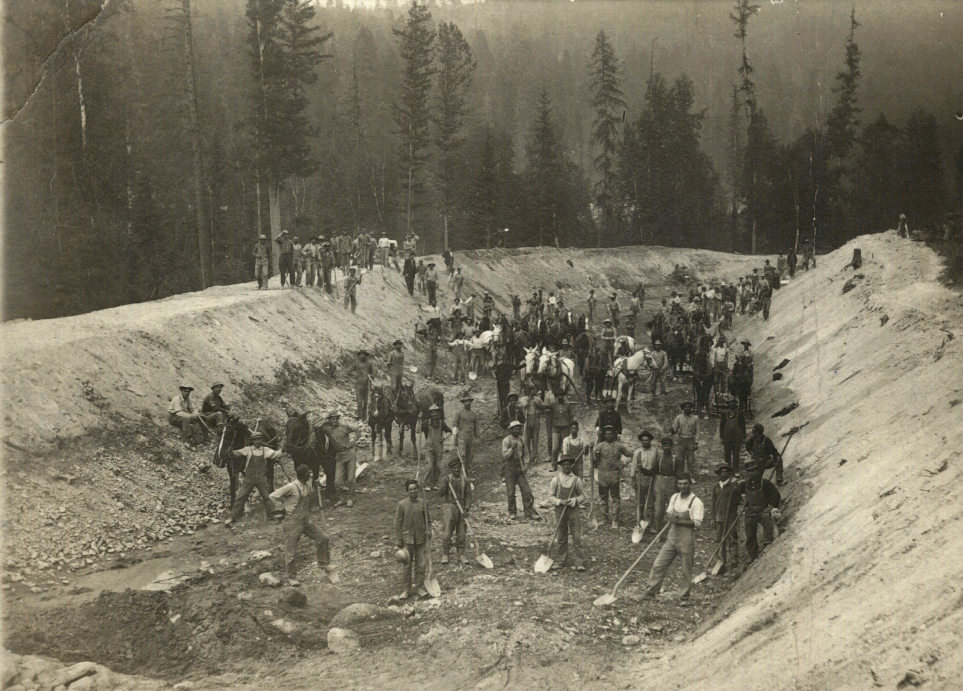 Construction of the headrace for the Bigfork Hydropower facility circa 1898. Credit - Kellogg Collection 