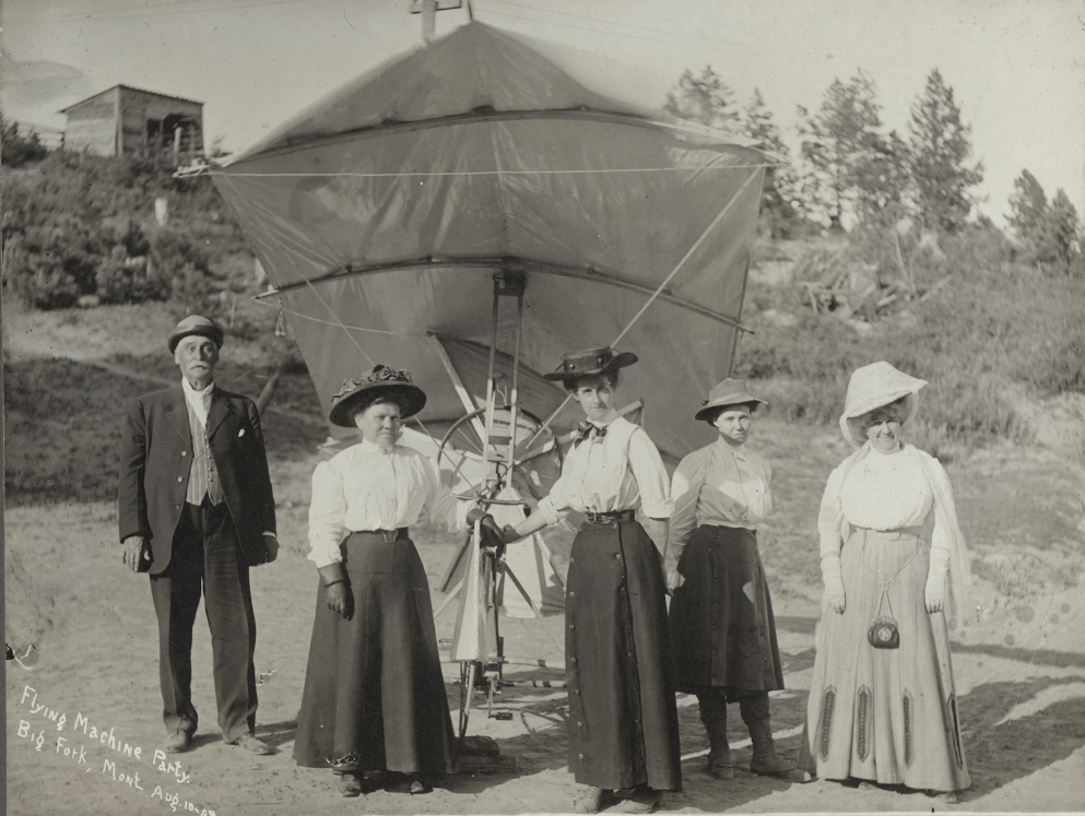 Charles Morkeberg Flying Machine Party, Aug. 12, 1909.  Dr. Lamb with four women guests.  Credit – NW Montana History Museum