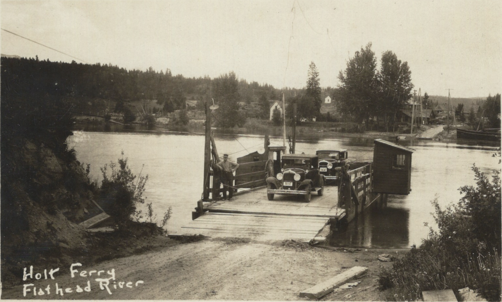 The Holt Ferry which was electrically powered trasnporting cars sometime in the 1920s. Credit - Kellogg Collection 