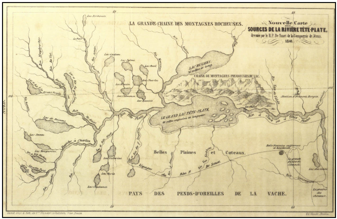 Map of Flathead Lake and surrounding valley drawn by Father Desmet in 1846. The map was drawn from the oral reports of local native people.  Credit - Kellogg Collection